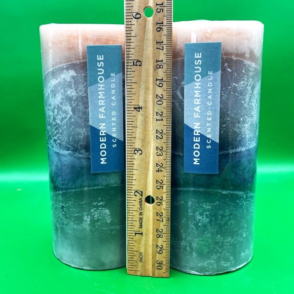Modern Farmhouse Scented Pillar Candles Rustic Layered Blue Gray Decor 6” Pair - Picture 3 of 7